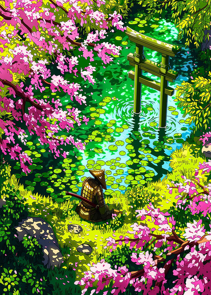 Samurai in a Japanese garden