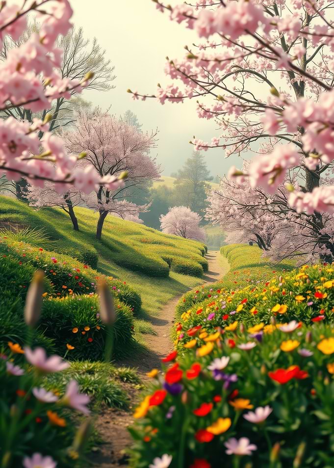 Spring Cherry Blossoms and Wildflowers