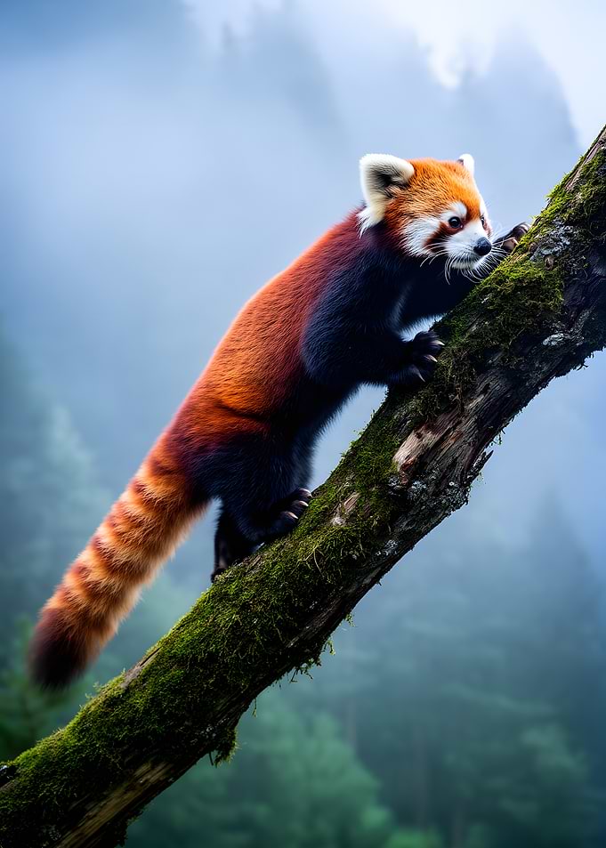 Red Panda Climbing Mossy Tree Branch