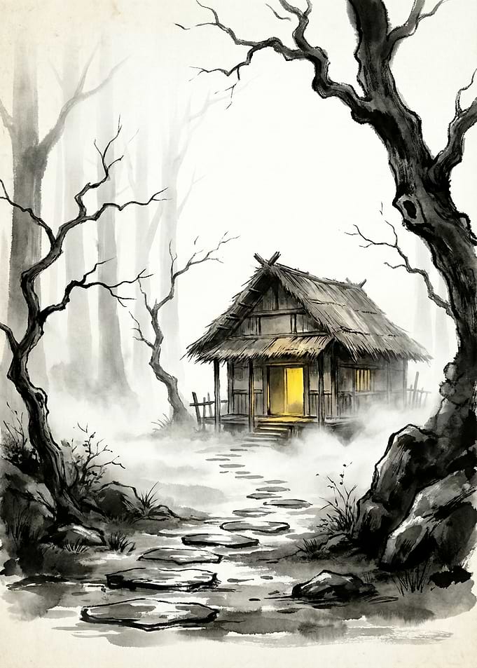 Misty Forest Cabin with Stepping Stones