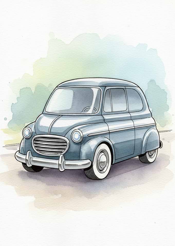 Vintage Blue Car Watercolor Illustration