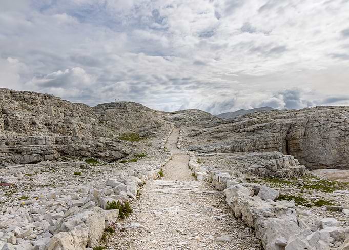 Rocky mountain path under cloudy sky - Cima Rosetta