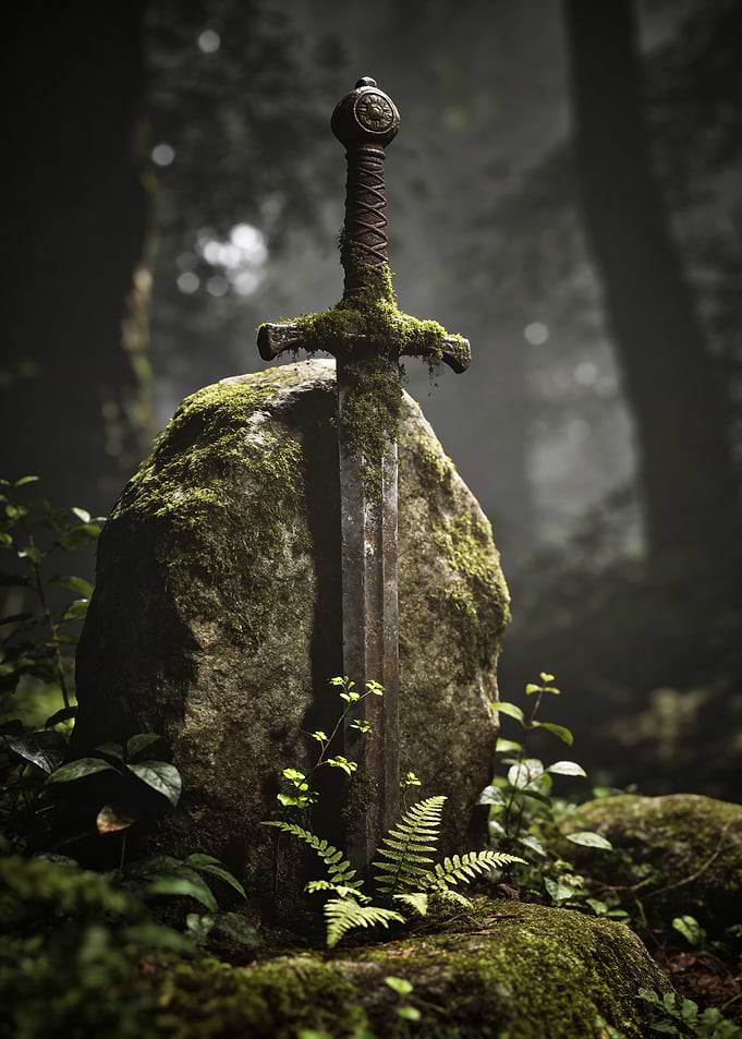 Moss-Covered Sword in Forest
