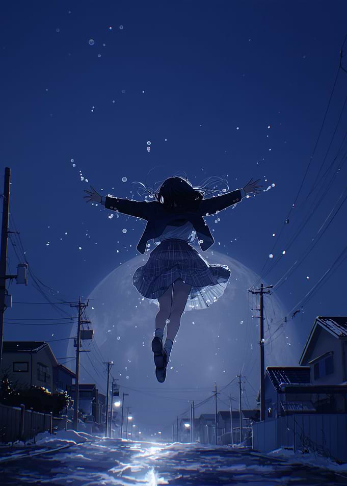 Girl floating in the night sky