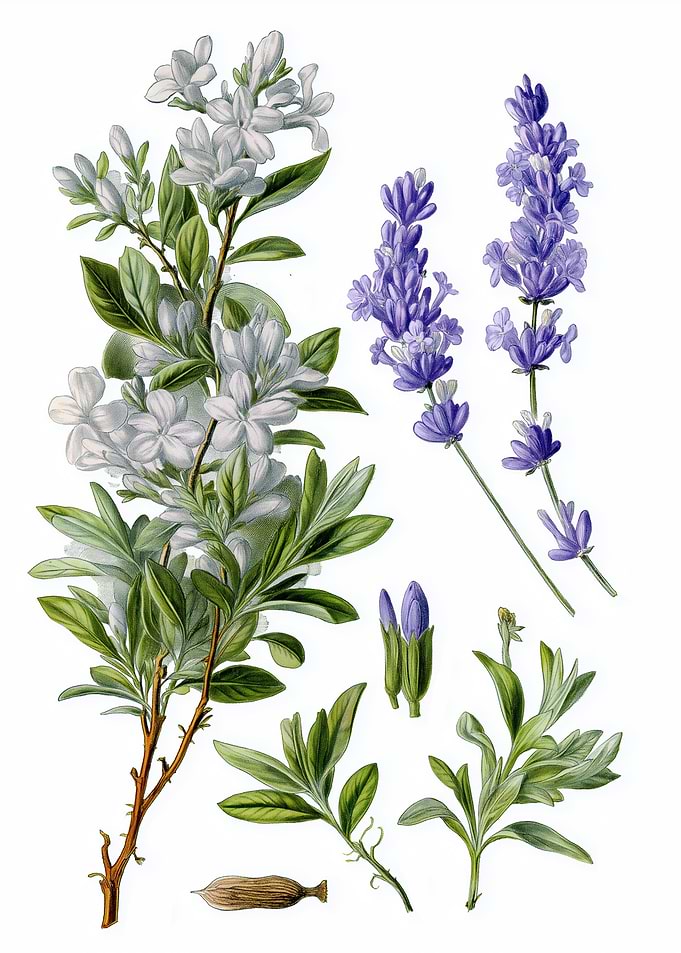 Botanical Illustration of Flowers and Leaves