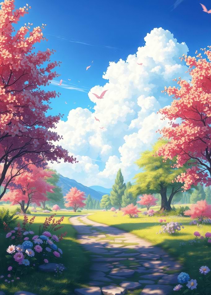 Anime Spring Landscape with Cherry Blossoms