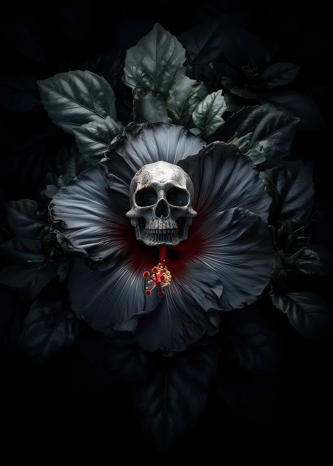 Skull on Dark Hibiscus Flower