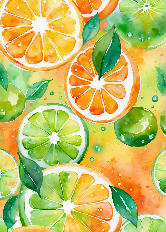Watercolor Citrus Slices and Leaves