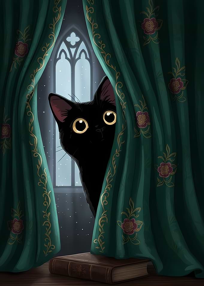 Black cat peeking through curtains