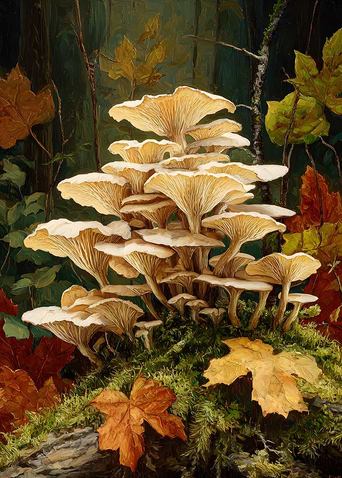 Mushroom Cluster on Mossy Log