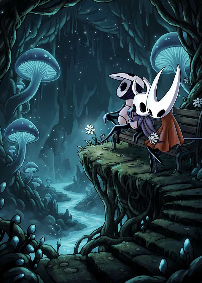 Hollow Knight characters in a cave
