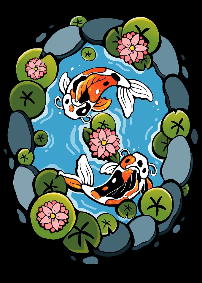 Koi Fish Pond with Lotus Flowers