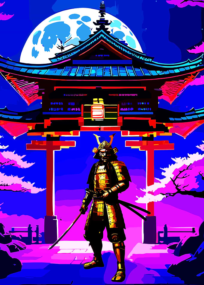 Samurai Warrior Under a Full Moon
