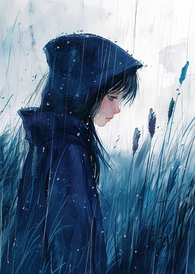 Girl in Raincoat in the Rain