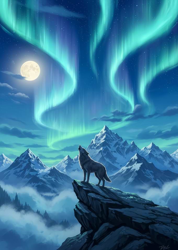 Wolf Howling Under moon art