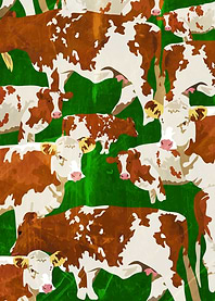 Grunge Brown and White Cows in Green Field