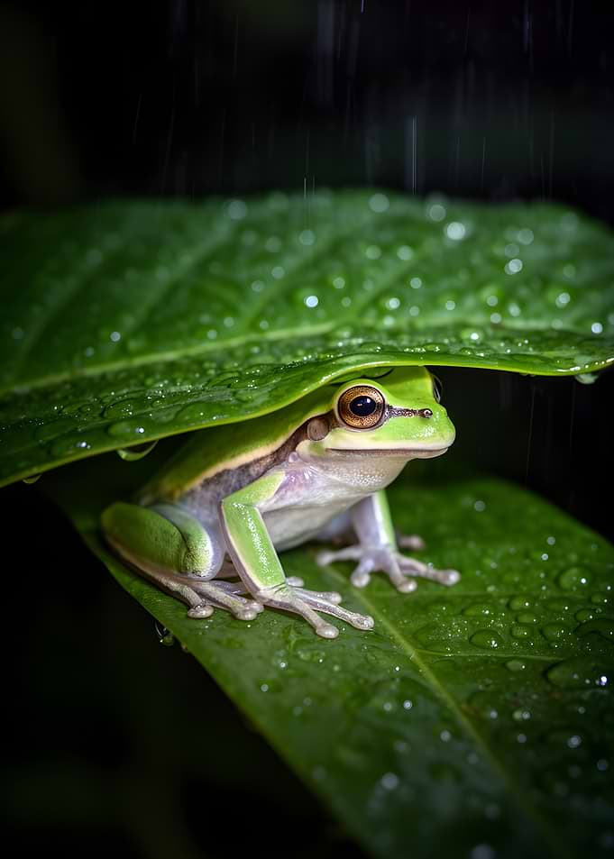 Frog Hiding Under Leaf in Rain