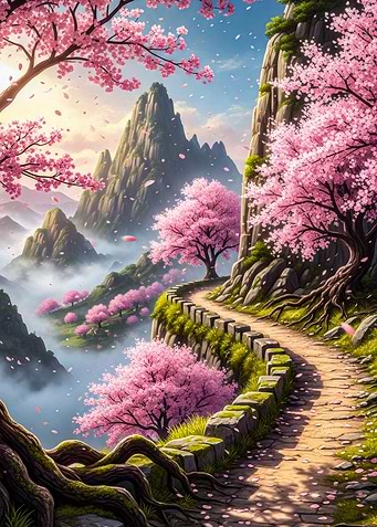 Serene Mountain Path with Cherry Blossoms