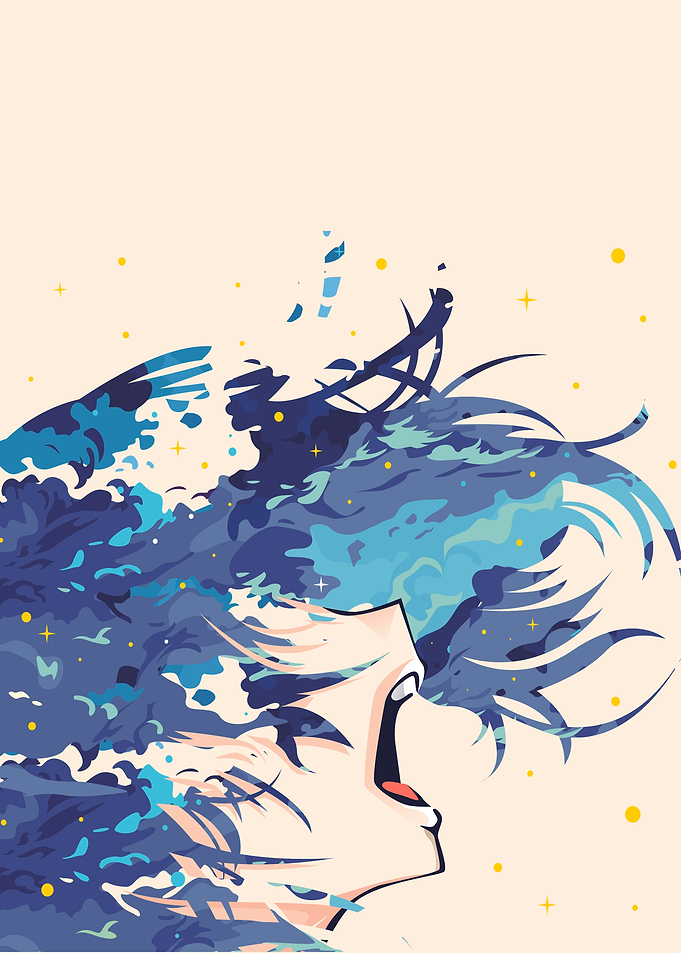 Anime character with blue hair and water
