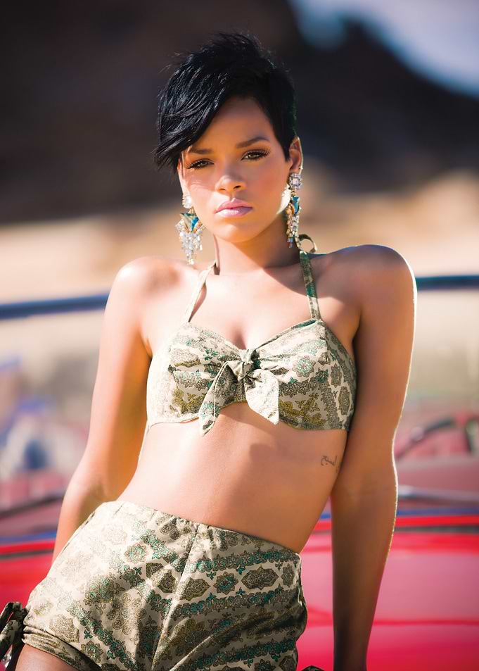 Rihanna in a patterned bikini and shorts