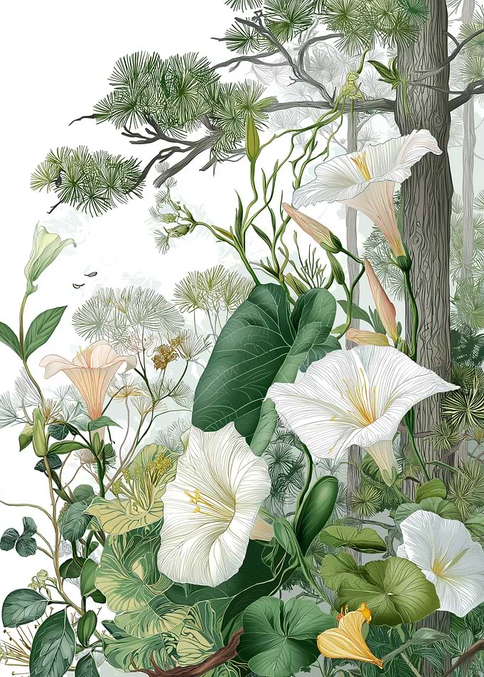 Enchanting Forest Flora with Bindweed and Pine