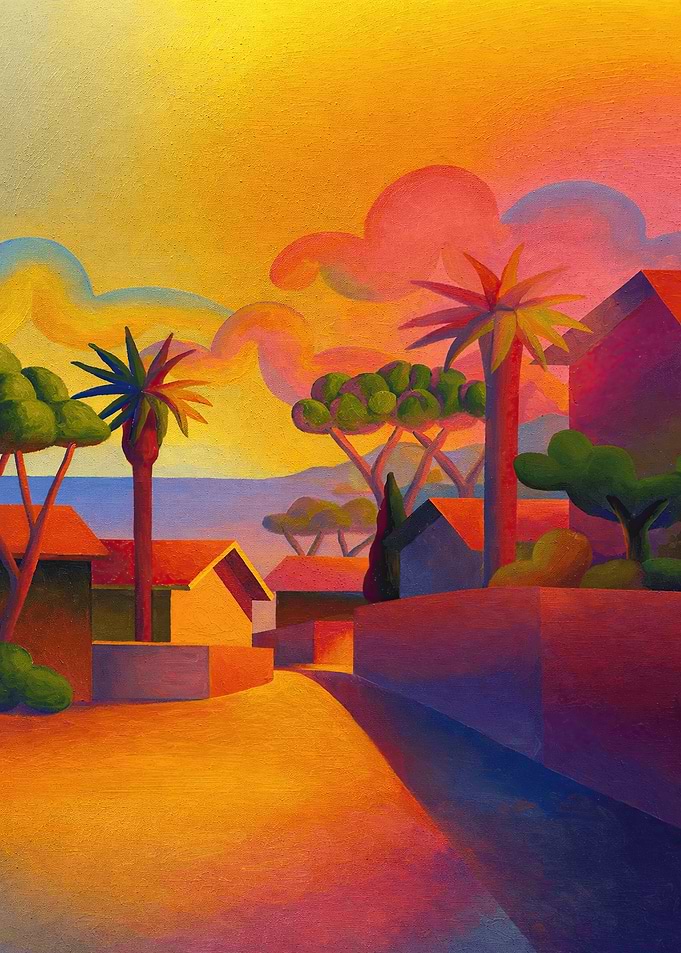 Vibrant Sunset Over Coastal Village