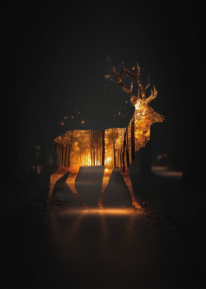 Golden Deer Forest Silhouette