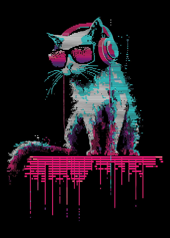 Glitch Cat Poster, Pixel Art DJ Cat Wall Art, Retro Futuristic Neon Music Print