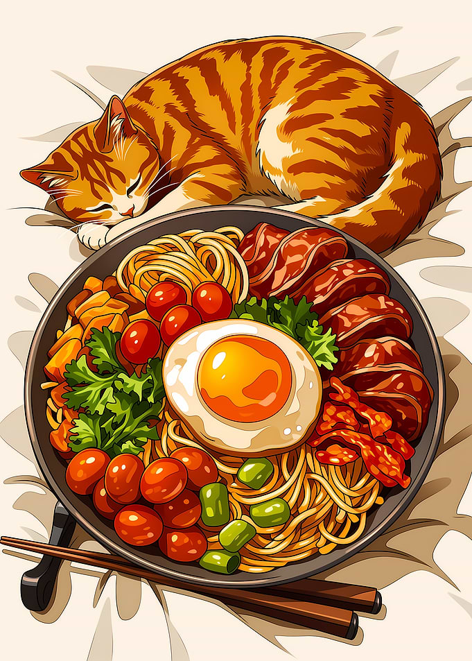 Sleeping Cat with Ramen Bowl