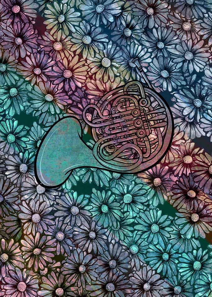 French Horn with Floral Background