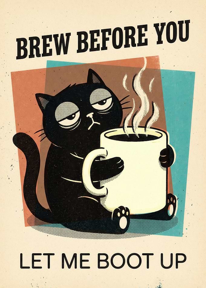 Brew Before You Let Me Boot Up — Grumpy Black Cat Coffee Retro Poster