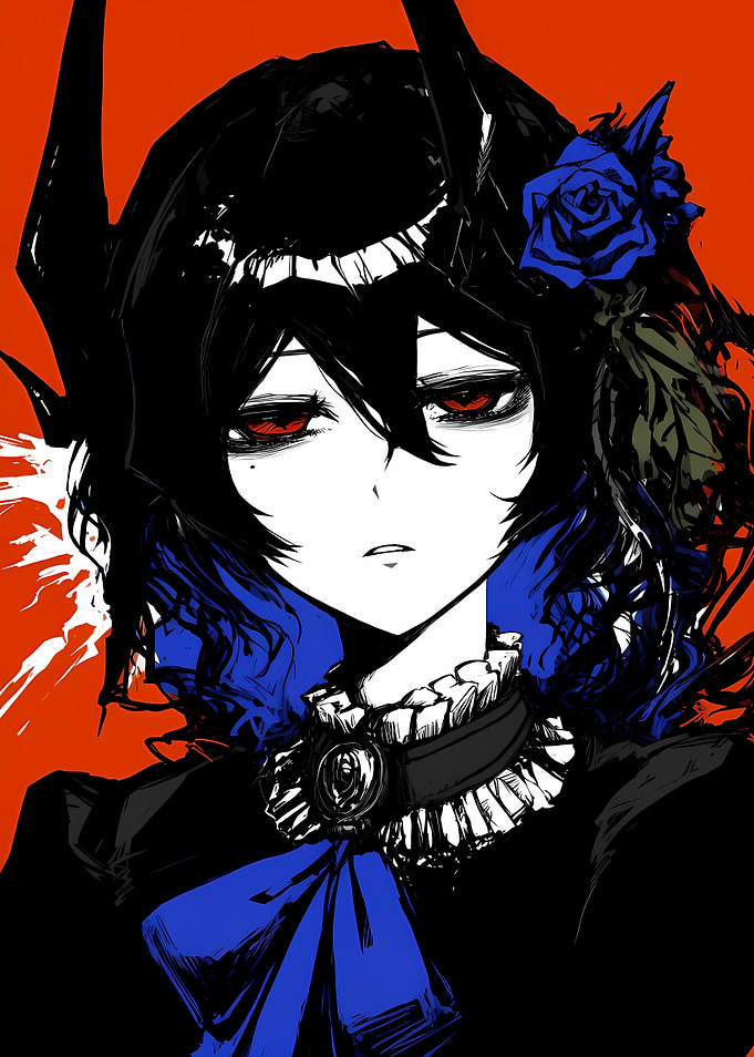 Gothic Anime Character with Blue Rose
