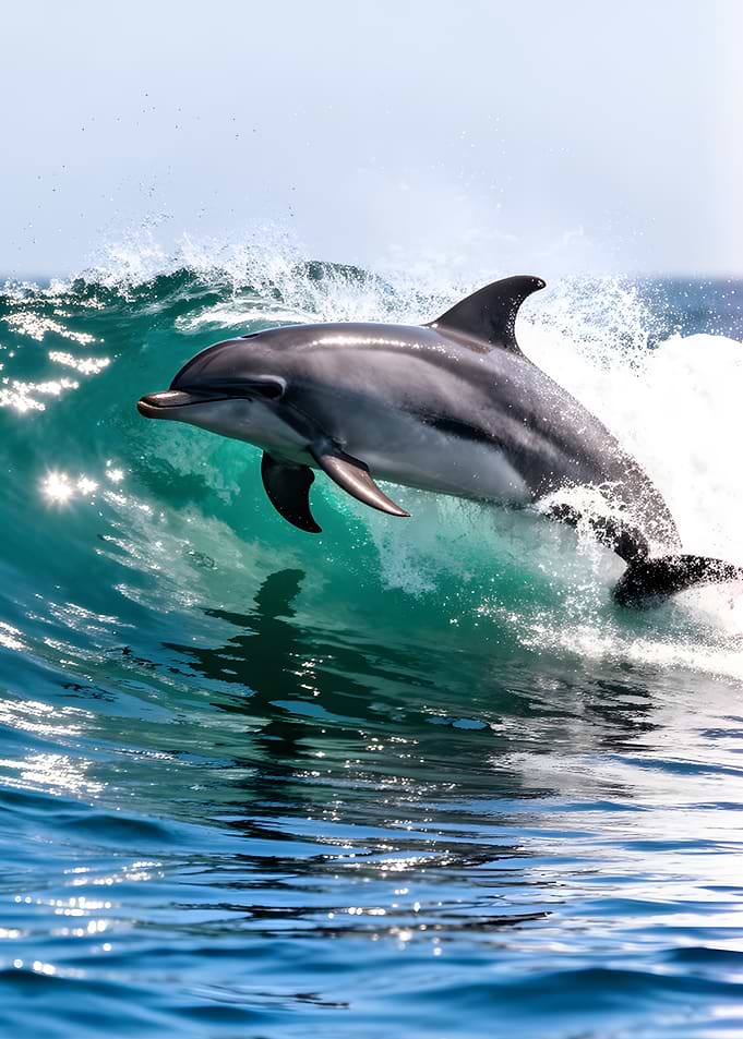 Dolphin leaping through a wave