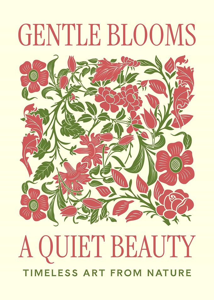 Gentle Blooms Floral Poster – Vintage Botanical Wall Art Print, Red & Green Nature Illustration