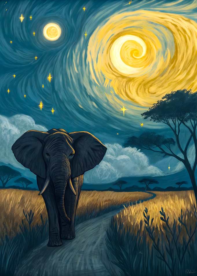 Celestial Walk Elephant Under a Starry and Swirling Van Gogh Sky
