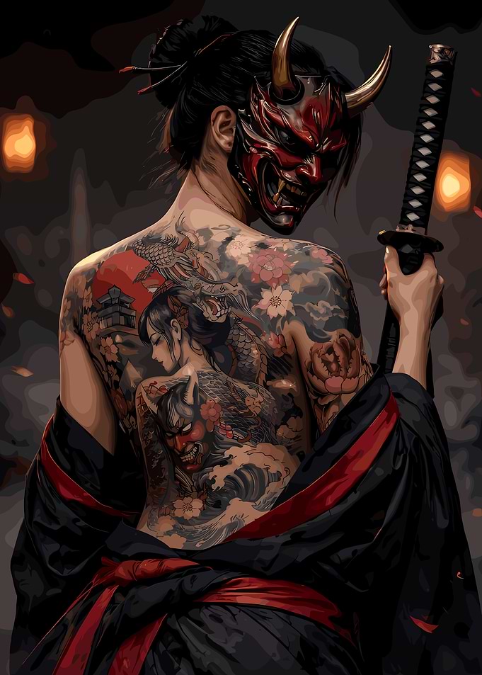 Tattooed Woman in Oni Mask with Katana