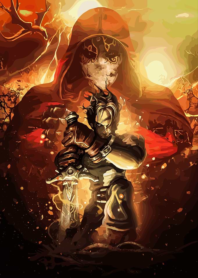 Fantasy Warrior with Hooded Figure