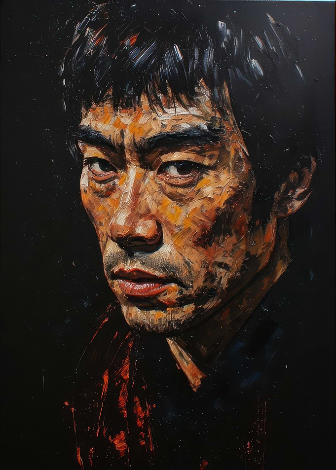 Dramatic portrait of man with intense expression in dark mood