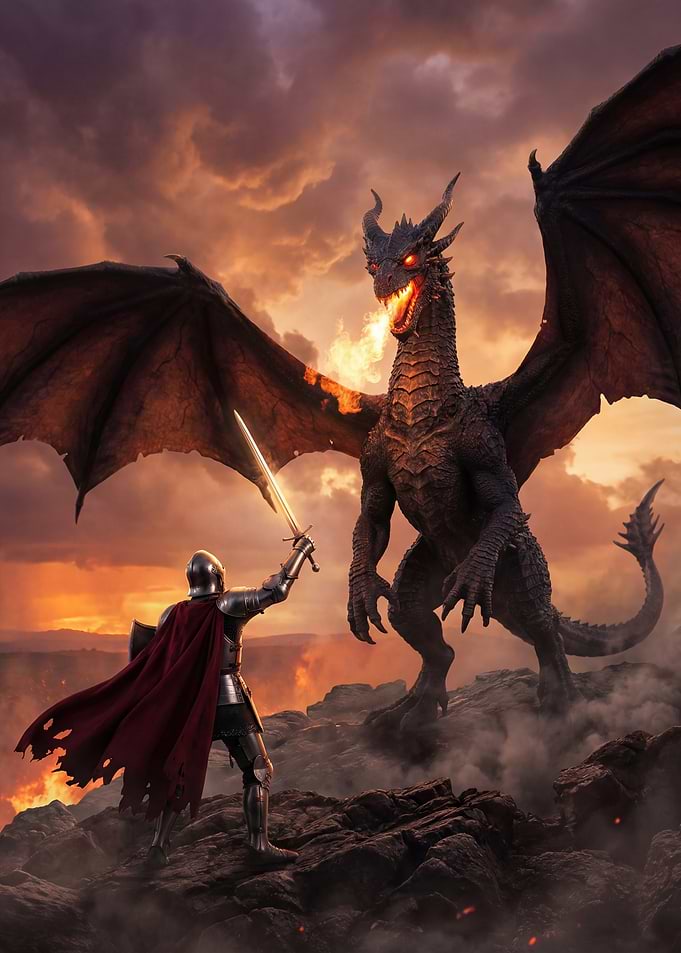 Knight battles a fire-breathing dragon