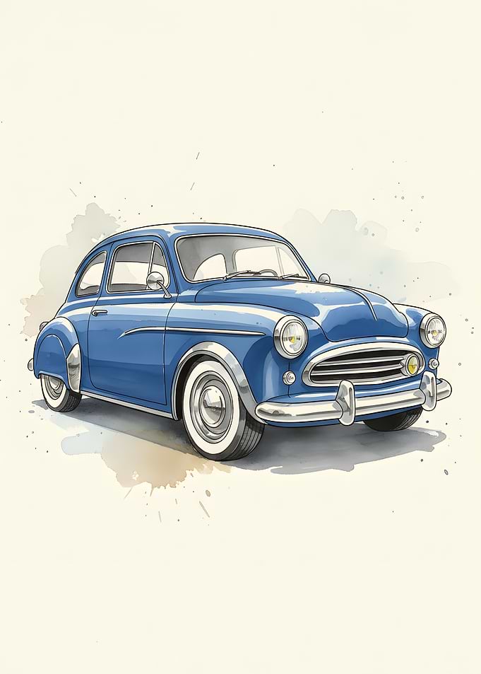 Classic Blue Vintage Car Watercolor Illustration