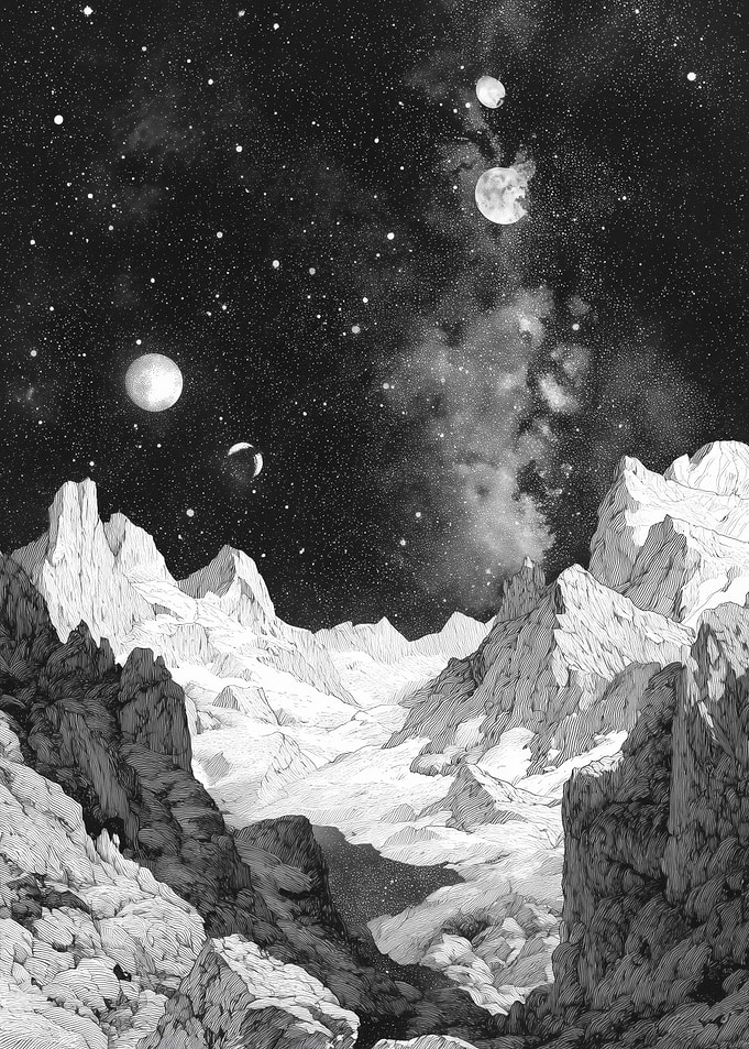 Alien Mountain Landscape with Multiple Moons