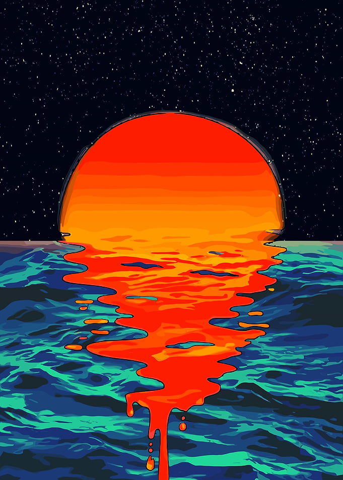 Surreal Sunset Over Starry Ocean