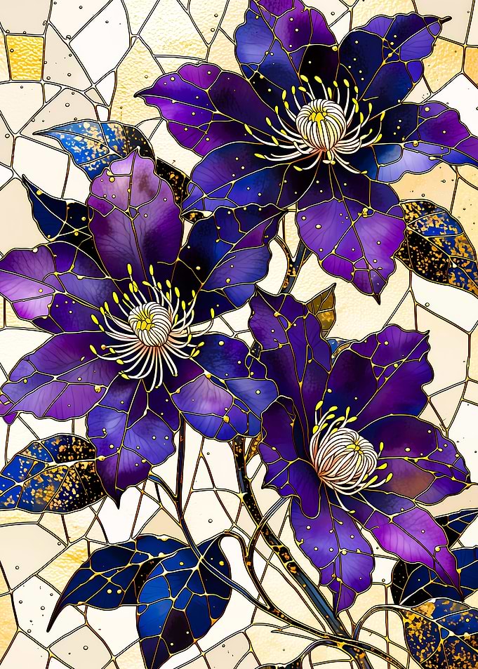 Stained Glass Purple Clematis Flowers