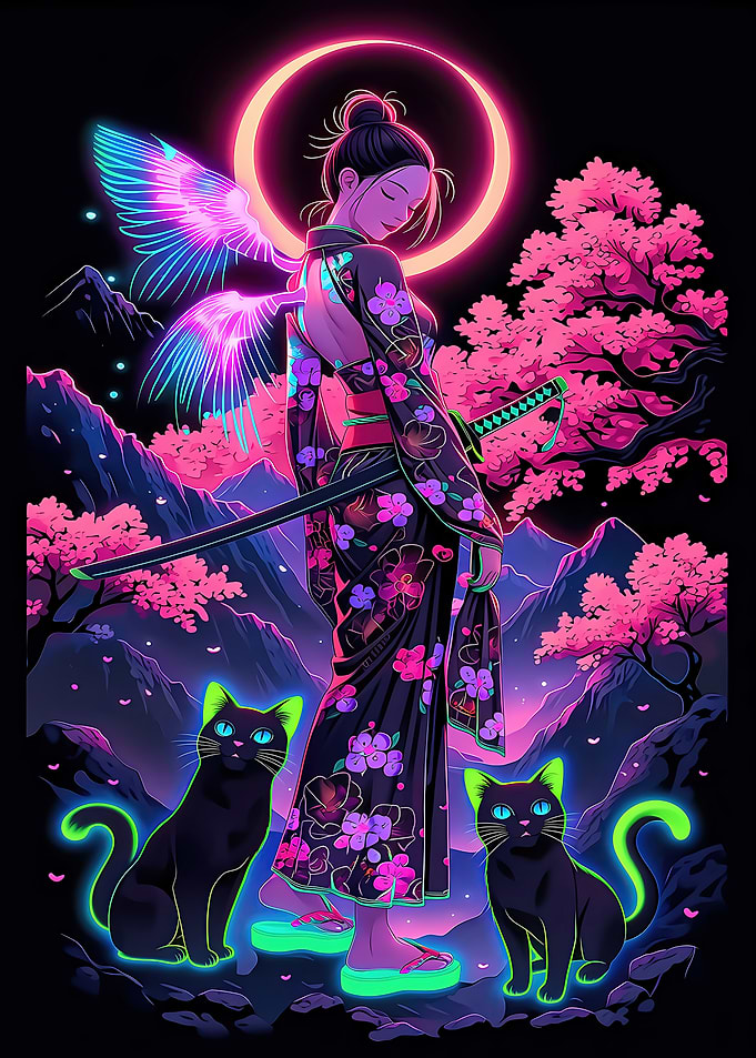 Neon Samurai Geisha Cherry Blossom and Cats