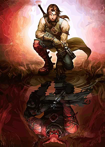 Warrior reflected in water