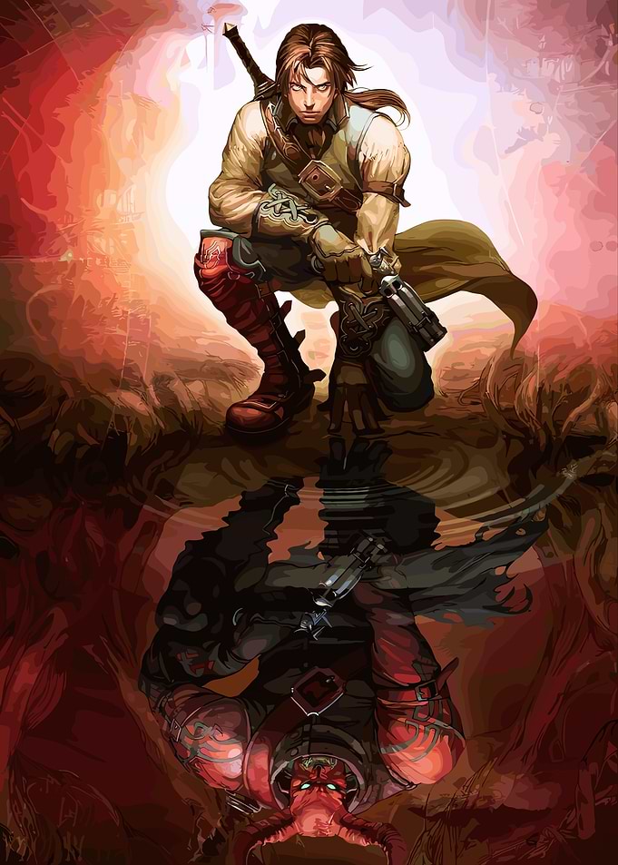 Warrior reflected in water