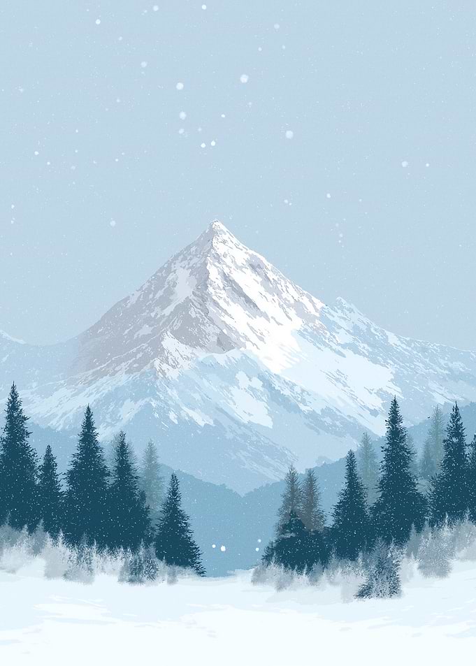 Snowy Mountain Landscape with Pine Trees