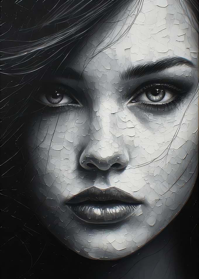 Monochromatic Portrait of a Womanwith cracked silver face and dark eyes