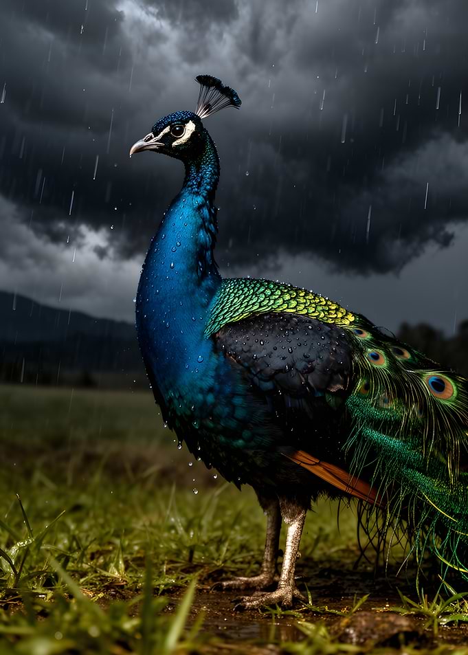 Peacock in the rain