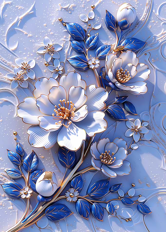 White and Blue Floral Relief